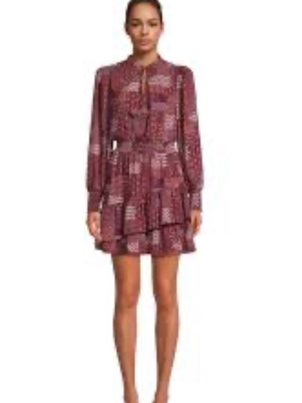 BCBG Paris Maroon patchwork look Long-Sleeve Tiered Mini Dress fall boho